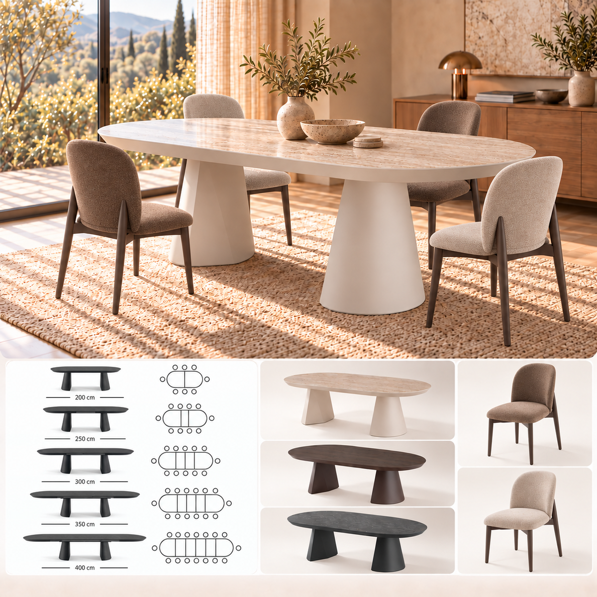 Eetkamerset Bugatti 200-400 cm + 4 No-1-stoelen
