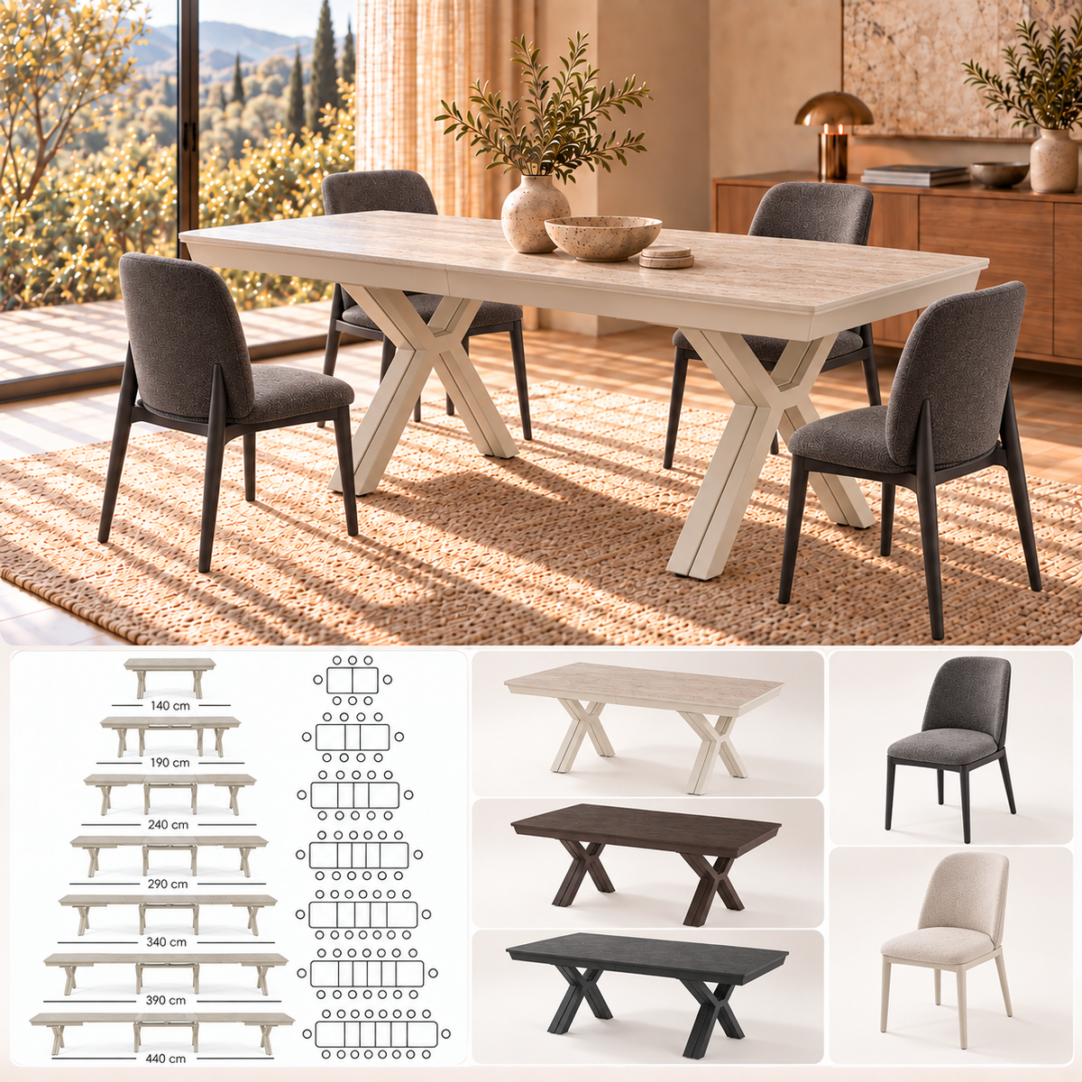 Eetkamerset Petra 140-440 cm + 4 x Genova